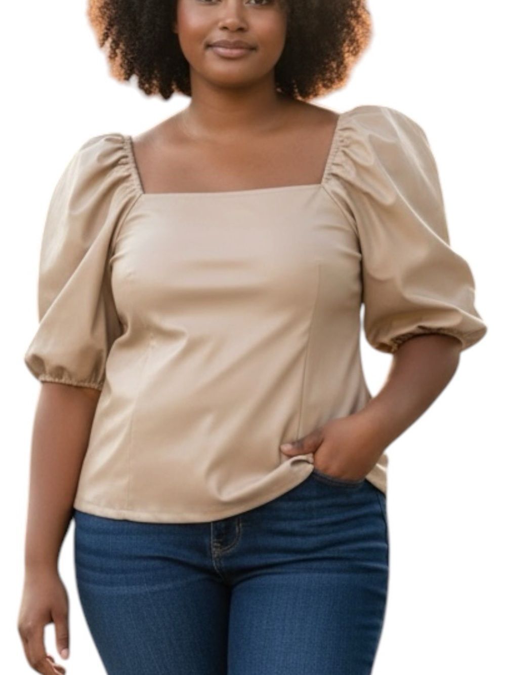Boston Proper Faux Leather Square Neck Puff Sleeve Top Beige Large